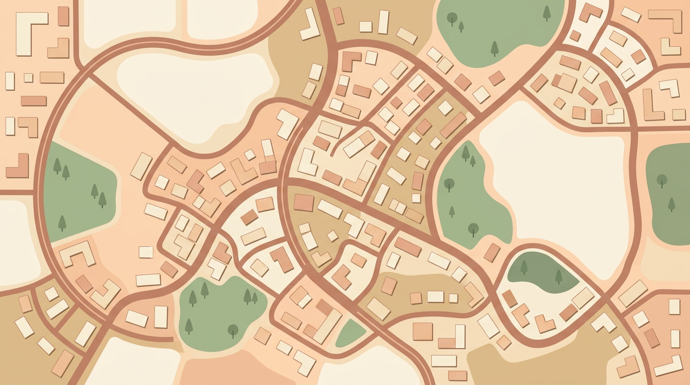Carte stylisée d’une ville, en fond des épingles des sites en exemple